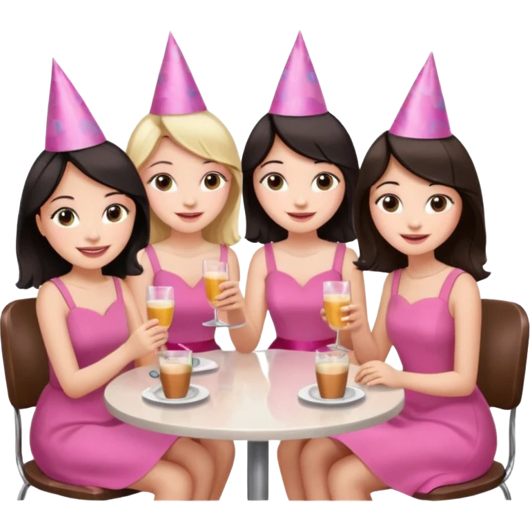 Девушка со светлыми волосами сидит в кафе весёлая с подружками у которых темные волосы в розовом платье они в праздничных колпаках и у них бокалы в руках emoji