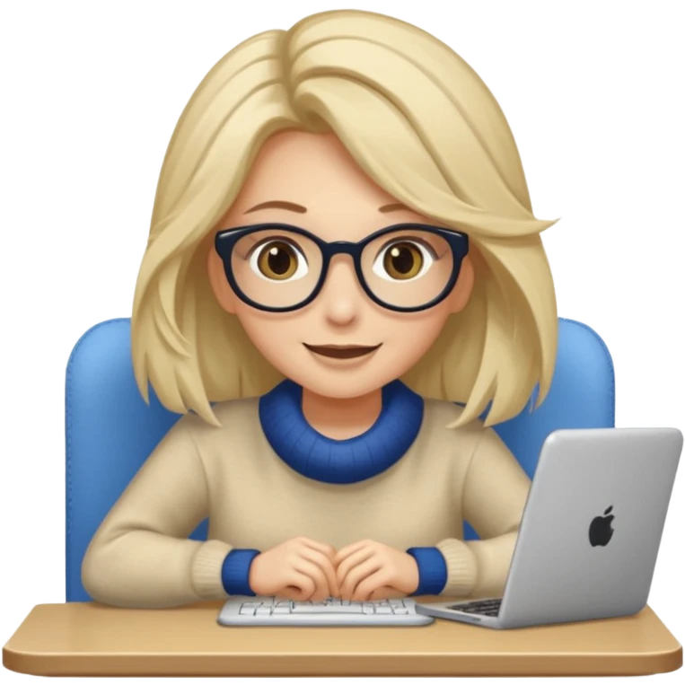 ragazza bionda sorridente con capelli lunghissimi, con occhiali tartarugati, occhi azzurri, con maglione beige, seduta alla scrivania che lavora al pc emoji