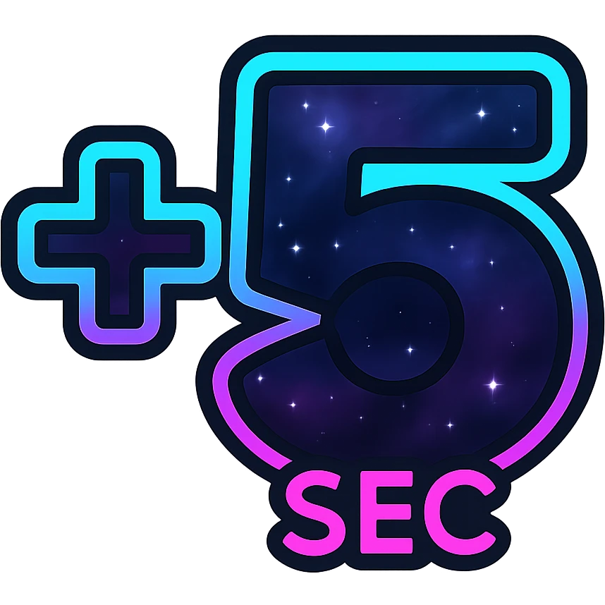 +5 sec icon, modern clean plus and 5 with neon border and glowing effect, dark purples blues blacks base, nebula gradients, small bright stars, specular highlights, luminous look emoji