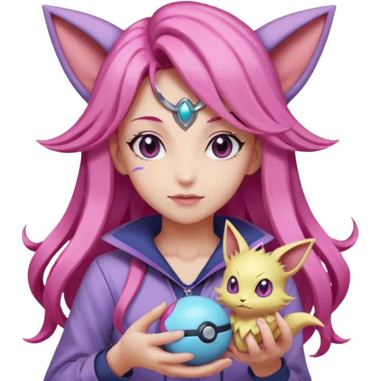 Female pokemon trainer with long pink hair, posed holding a pokeball and her espeon by her side  emoji