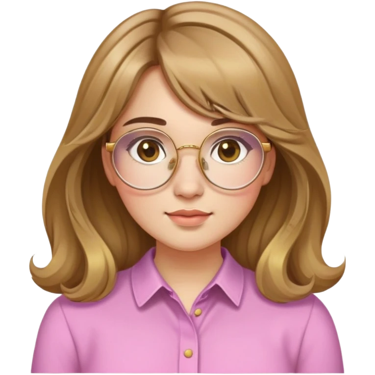 young adult woman with light skin, round face, prominent cheeks, medium plump body, long light brown hair with golden highlights, voluminous and wavy, long bangs over eyebrows, large octagonal glasses with thin golden or light pink frame, casual dark shirt emoji