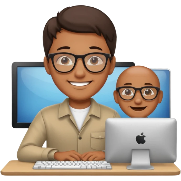 smiling man at computer, cheerful emoji