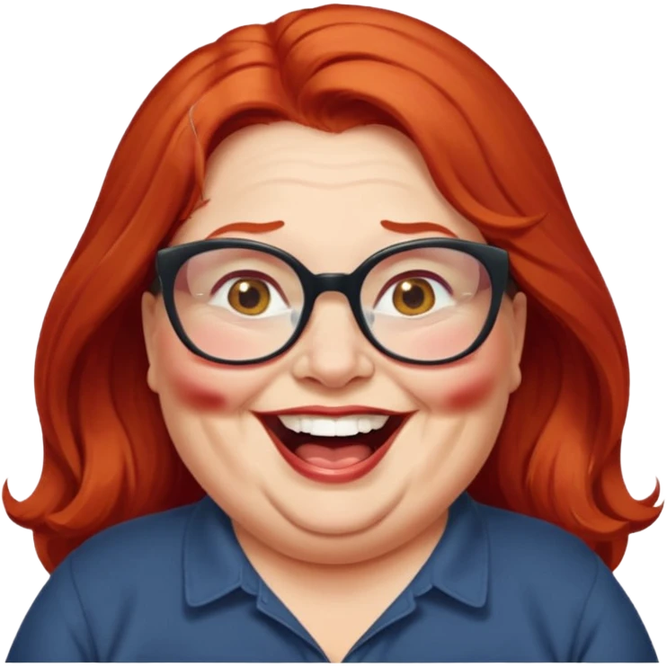 obese; older 50's ; long red hair ; women hazel eyes; glasses ; laughing emoji