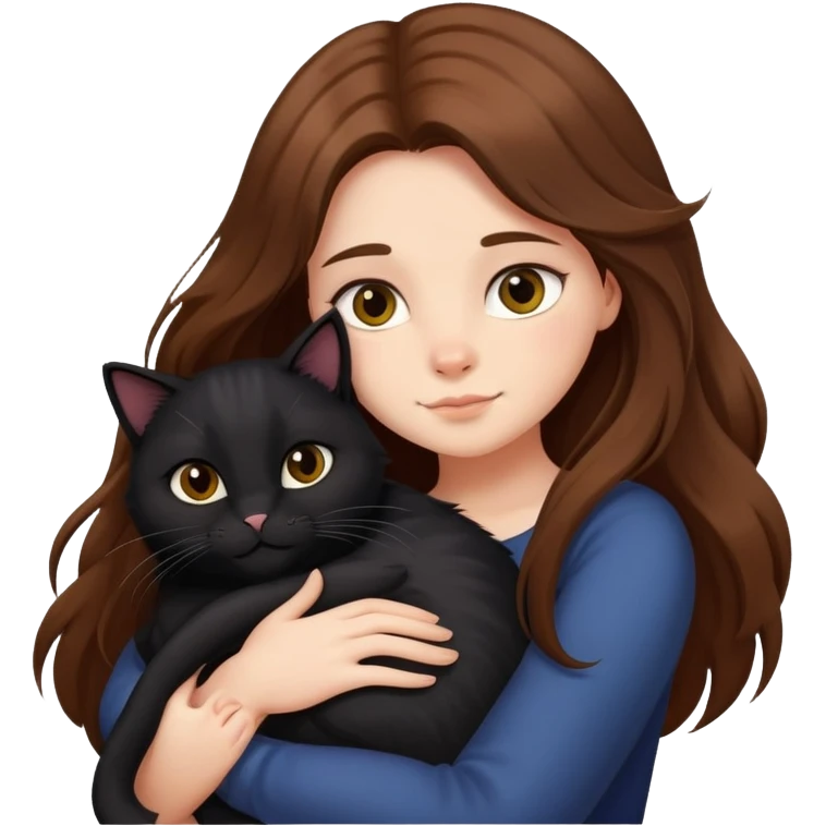 A girl with long brown hair hugs a long-haired fat black cat emoji