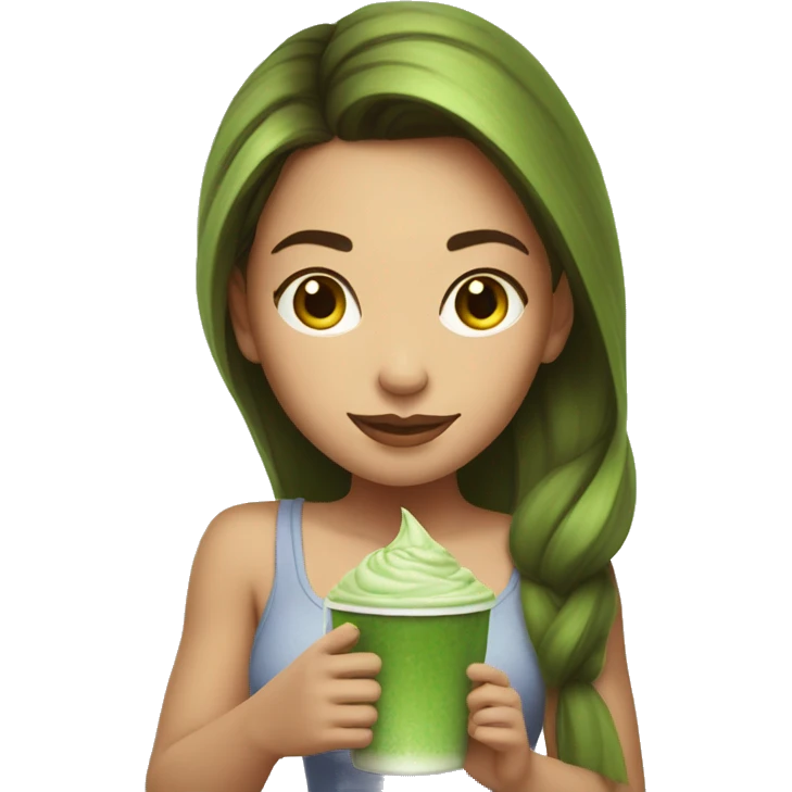 Beautiful girl with brawn hair holding cup of iced matcha  emoji