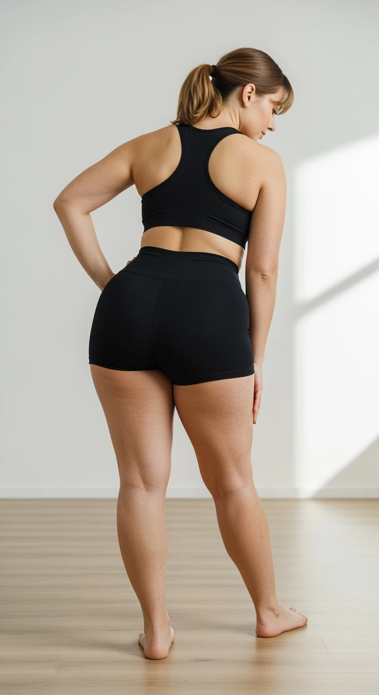 DONNA FITNESS DI SPALLE E LEGGERMENTE PIEGATA IN AVANTI A FIGURA INTERA CON COSCE GRASSE E CELLULITE, IPERREALISTICA 4K emoji