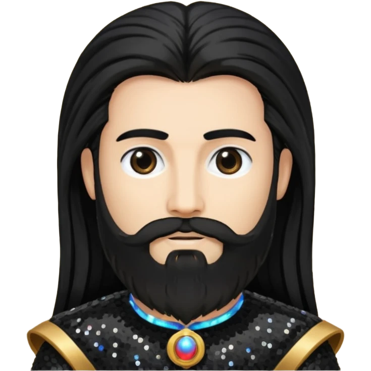 Saturn, God of Time with long black hair and beard, black sequin outfit emoji
