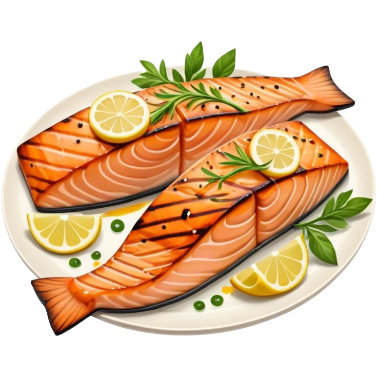 Cinematic perfectly grilled salmon, rich orange hues with crispy skin, garnished with fresh herbs, drizzled with lemon, ultra-detailed and delicious. emoji