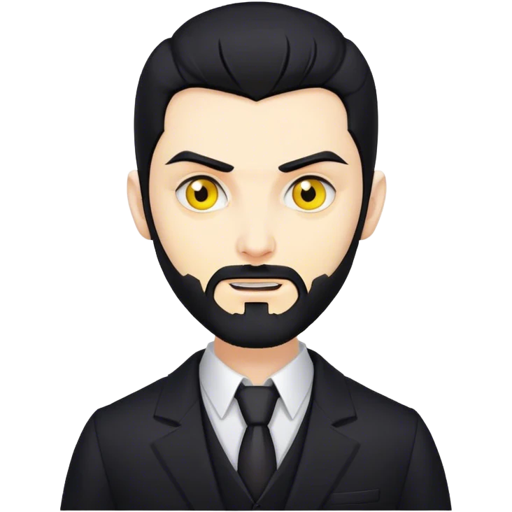 vampire man with black hair and a black beard with yellow eyes wearing a black suit emoji