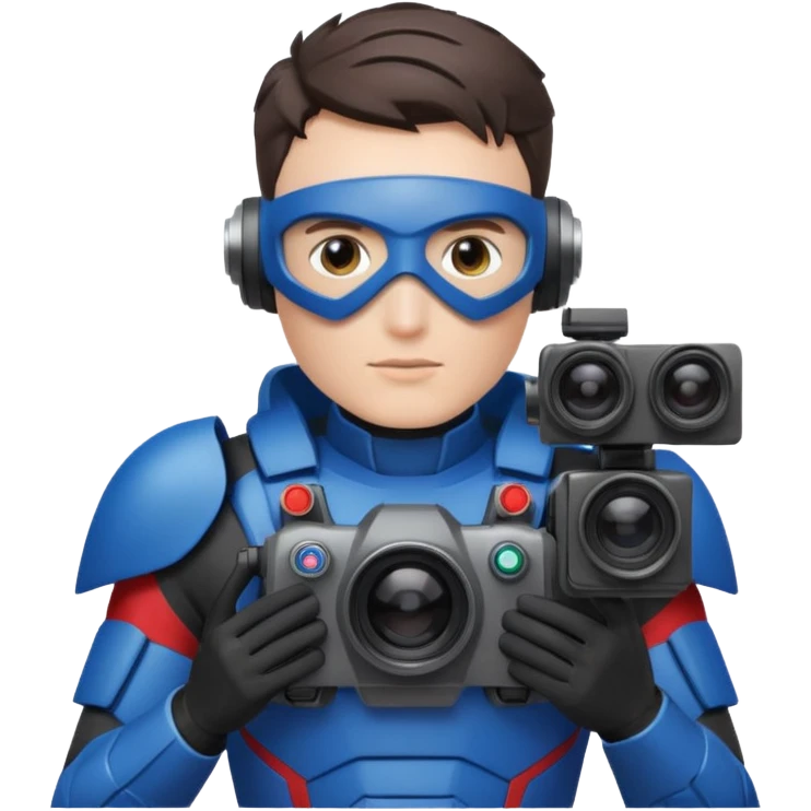 Un photographe high tech, une armure de terrain à la super héro. Il a des appareils photos, des caméras embarquées et un drone  emoji