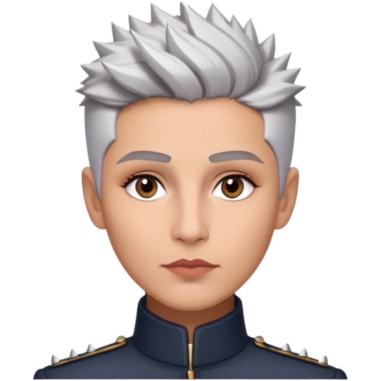 Marian Pabón with elegant facial features, light rosy complexion, expressive made-up eyes, medium well-defined lips, sophisticated pronounced cheekbones, short spiky silver hair styled like a men's cut emoji