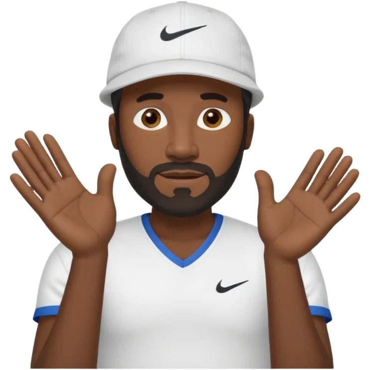 MIDDLE AGED BLACK MAN WITH LOW CUT BEARD AND A NIKE HAT SAYING WHO CARES?! MOTIONING HANDS  emoji