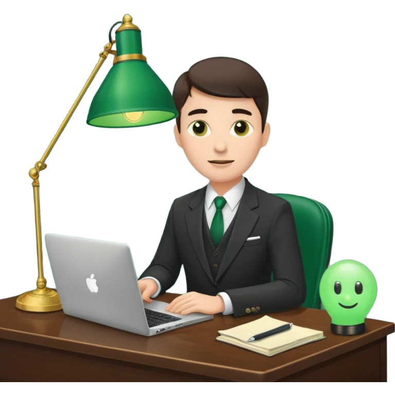 Mach mir einen Trader mit Anzug der mit seinem Laptop am schreibtisch sitzt mit so einer alten grünenlampenschirm lampe emoji