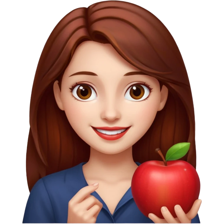 Bella from Twilight emoji, smiling, holding an apple, brown hair emoji