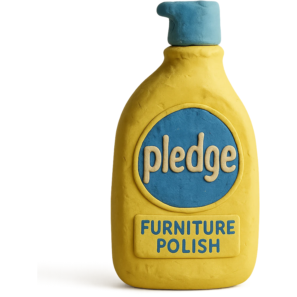 claymation style bottle of furniture polish inspired by Pledge, yellow and blue label, pastel colors, visible fingerprints, soft matte finish emoji