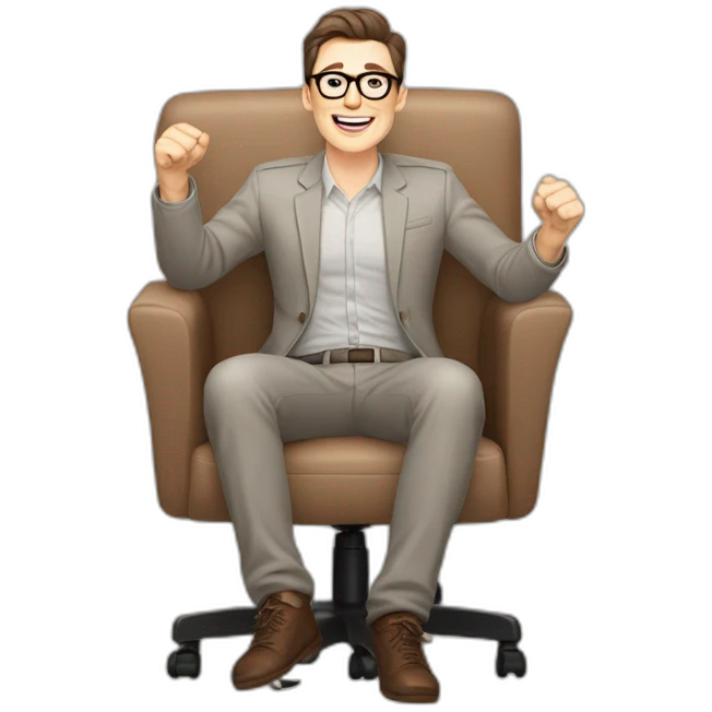 Joyful Celebrating victory Hands up Pale skinned Fit Man With dark brown hair in gray jacket, beige office shirt, Brown pants and vintage glasses sitting In a soft chair emoji