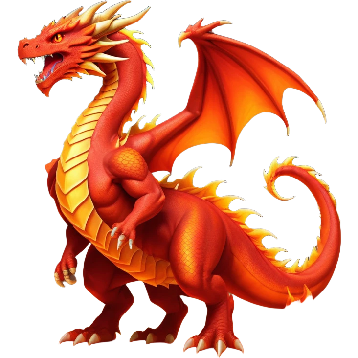 cinematic-noble-fierce-fire-dragon-full body-emoji,-poised-and-imposing,-with-a-muscular,-scaled-body-ablaze-in-fiery-hues-of-crimson,-molten-orange,-and-molten-gold,-and-intense,-burning-eyes-that-mirror-the-heart-of-a-volcano;-rendered in detail emoji