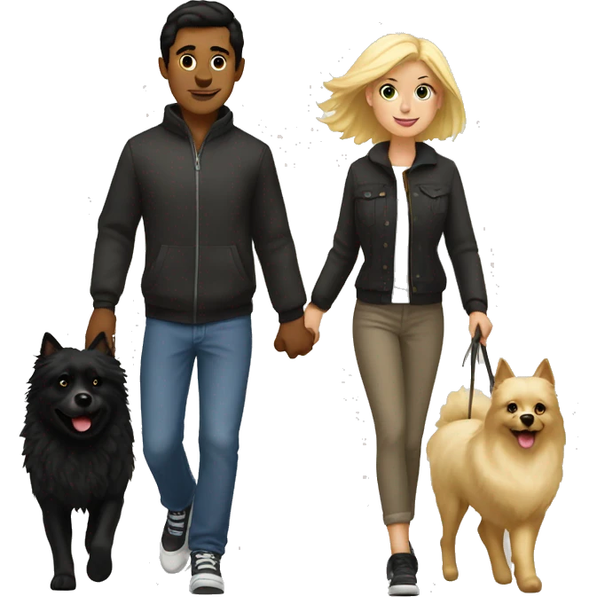 a guy with dark hair and a girl with blond hair and a bob are walking with a black Spitz emoji