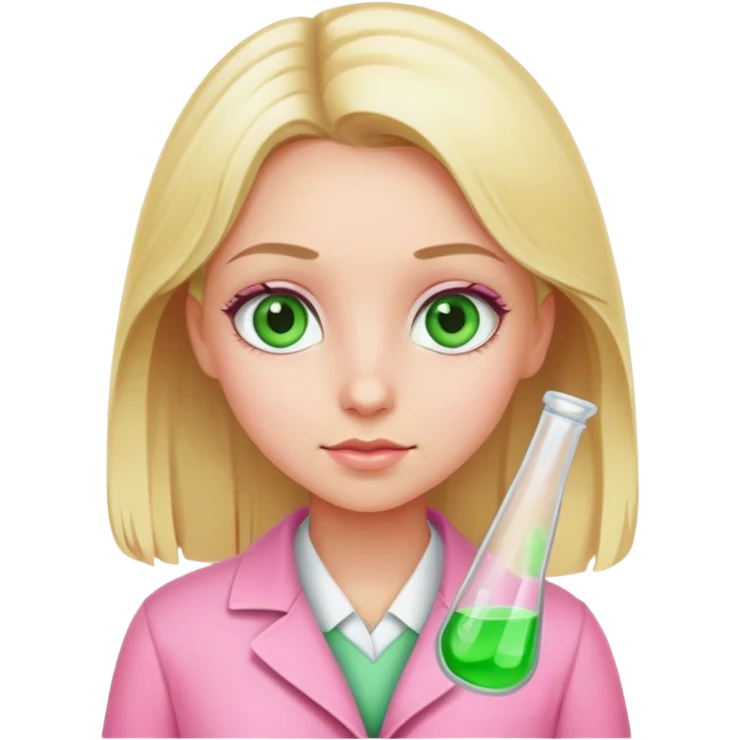 blonde girl with green-grey eyes, dressed in pink clothes, chemist emoji