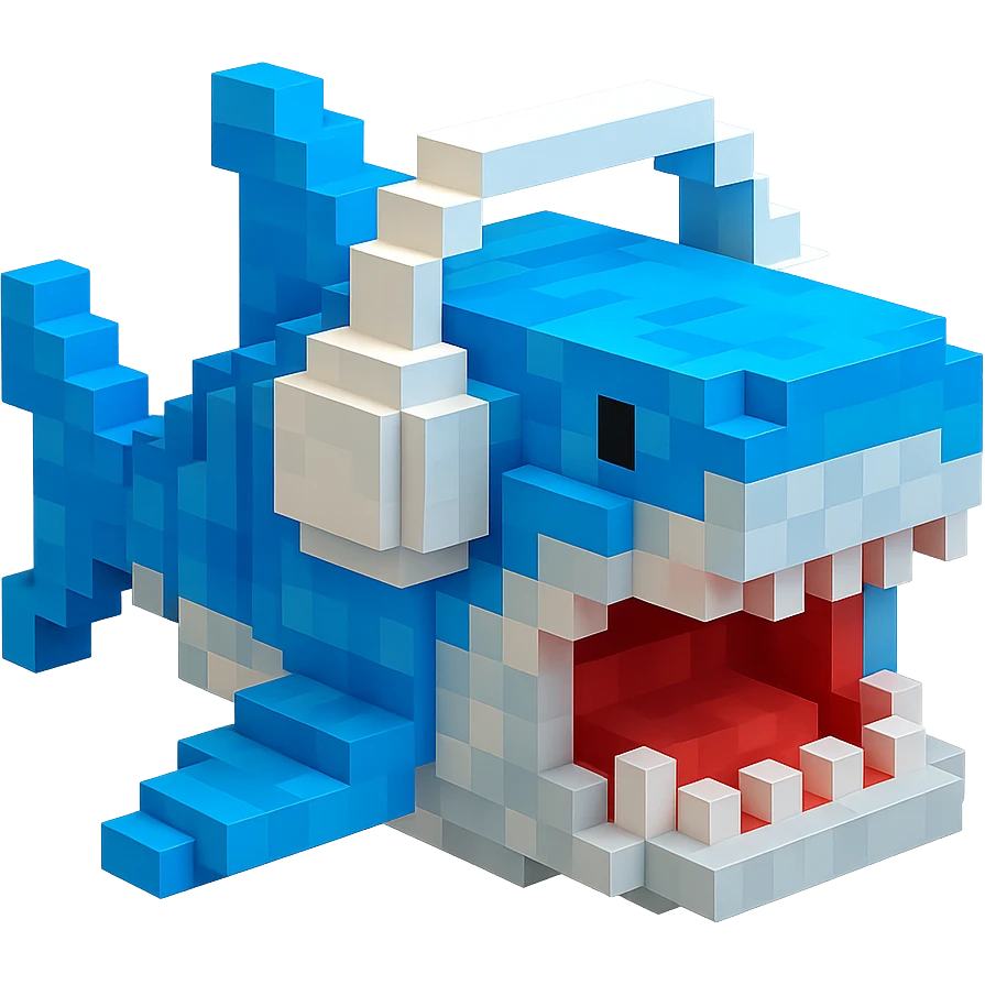voxel style shark with white headphones, open mouth, blocky, blue and silver, no background emoji