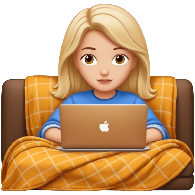 A white girl lies on a sofa under a blanket with a laptop emoji