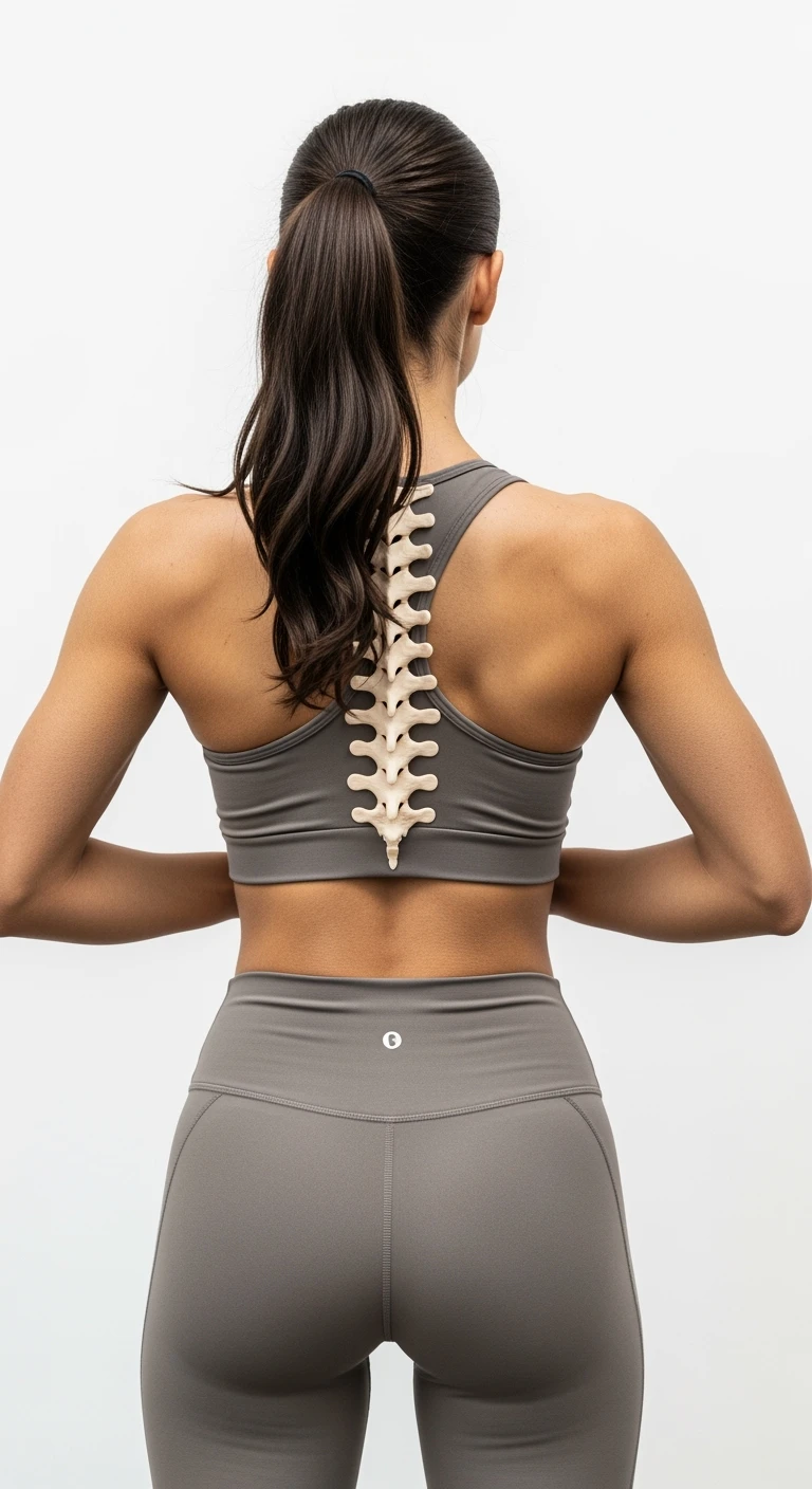 donna fitness di spalle con spina dorsale anatomica realistica in evidenza, sfondo bianco emoji