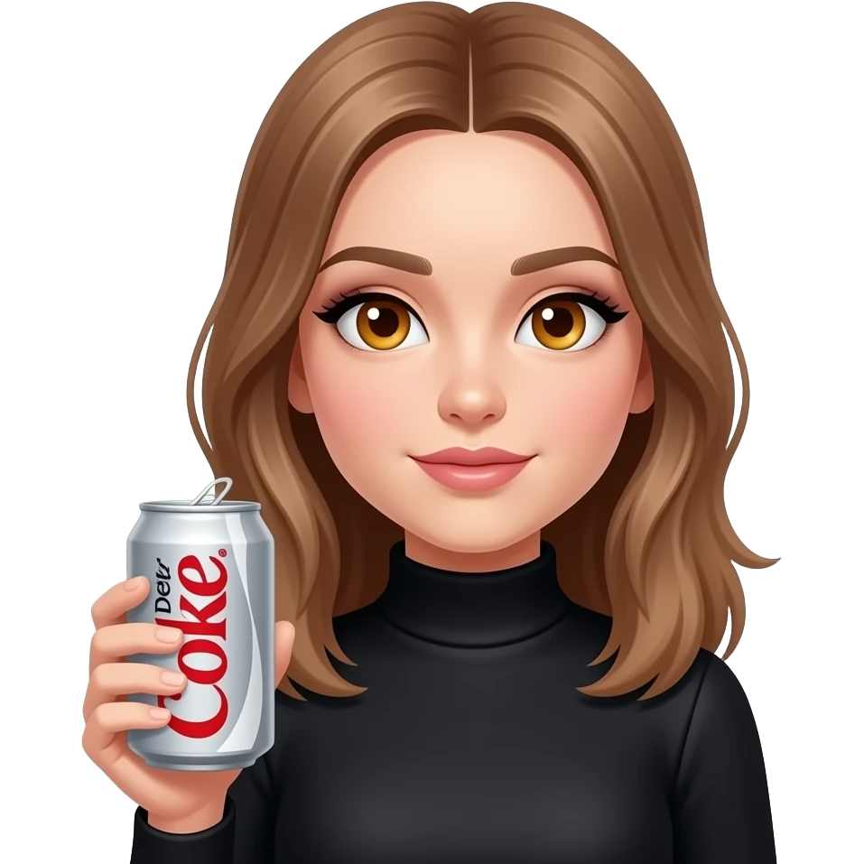 girl, light brown hair parted in the middle, amber eyes, dark eye makeup, wearing black turtle neck, drinking a DIET COKE in the silver can emoji