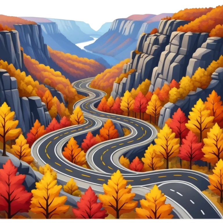 A winding asphalt road through the blue mountains and autumn colored trees emoji