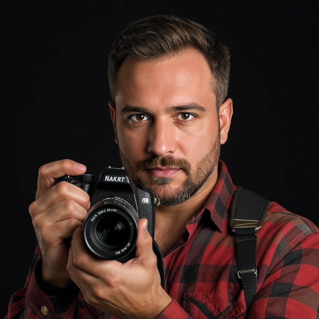 realistic portrait of a photographer posing with camera, studio quality, close up emoji