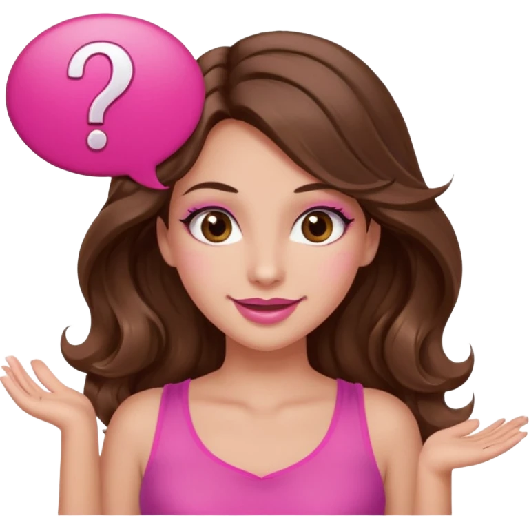 girl with long wavy brown hair, brown eyes, long lashes makeup, sexy pink lips, light to medium complexion, wearing a pink sexy top, shugging, smiling, question mark one speech bubble emoji