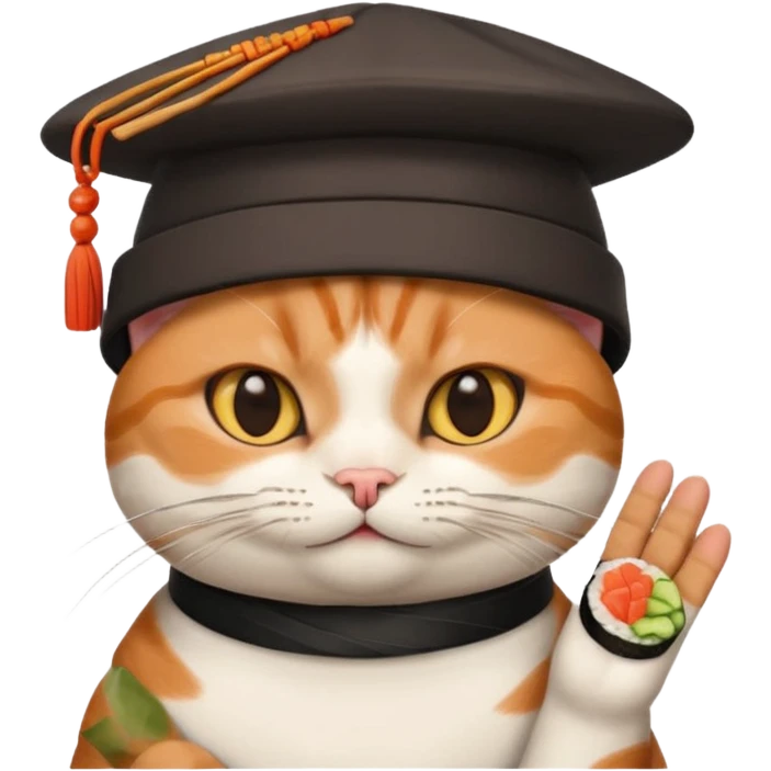 cat with its fingers crossed wearing a hat made out of sushi emoji