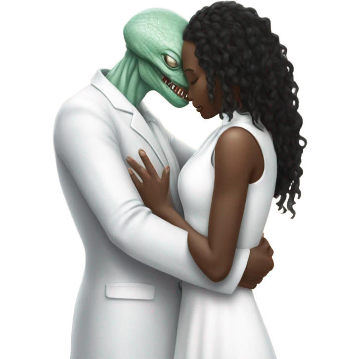 Alien reptilian woman in white dress hugs and kissing "white male human man" emoji