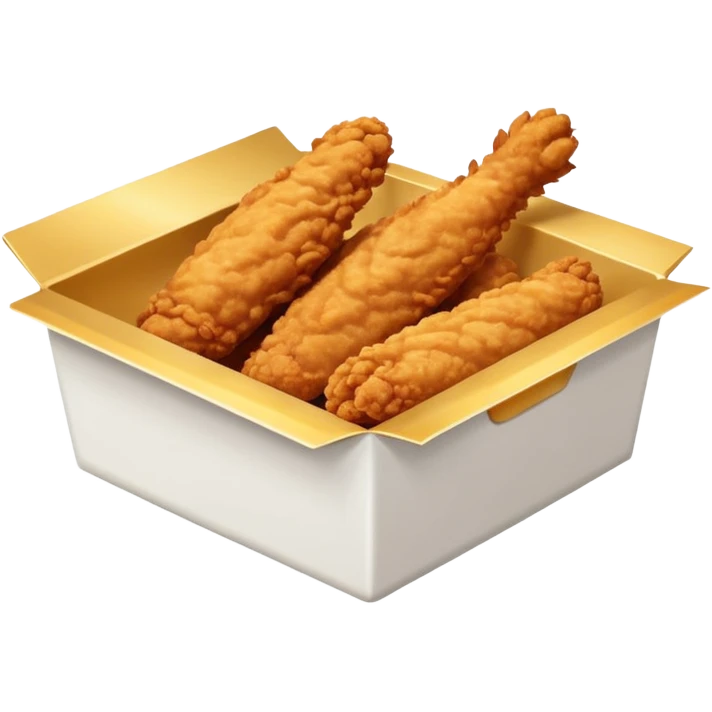 a frontal rectangular white box with no lid, filled with crispy fried chicken fingers emoji