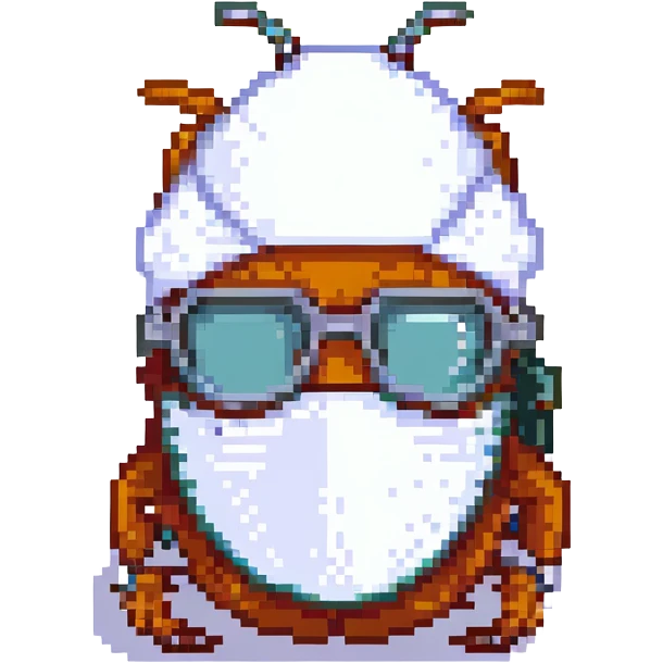 pixel art cockroach with a white turban, facemask, and nerd glasses emoji