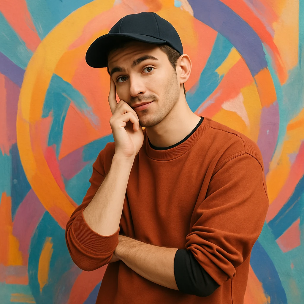 young designer wearing a baseball cap, modern style, creative expression emoji