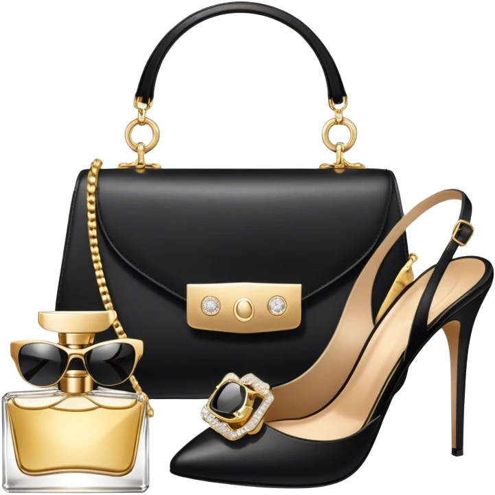A photorealistic icon featuring luxurious fashion accessories like a high-end handbag, elegant high heels, a sparkling diamond necklace and a stylish pair of sunglasses. The design includes gold accents, purfume, and glamorous textures, fashion, and VIP luxury. Transparent background emoji
