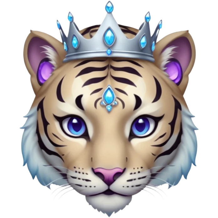 ESO Female white/black tiger khajiit leader of the umbral rose, glowing blue eyes, glowing blue 'third eye' gem, silver crown/tiara with purple gems emoji