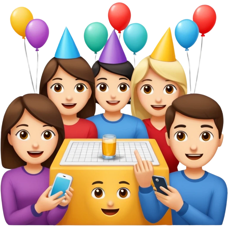 Party quiz with happy people with no phone writing blocks empty eyes emoji