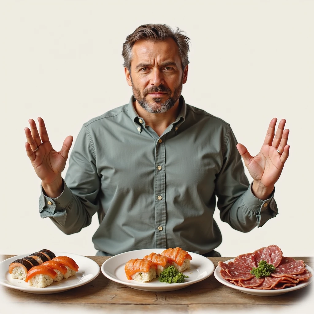 adult man refusing sushi, salami and cold cuts, determined expression, hands raised in refusal gesture, plates of sushi and cold cuts in front of him, realistic style, neutral background emoji