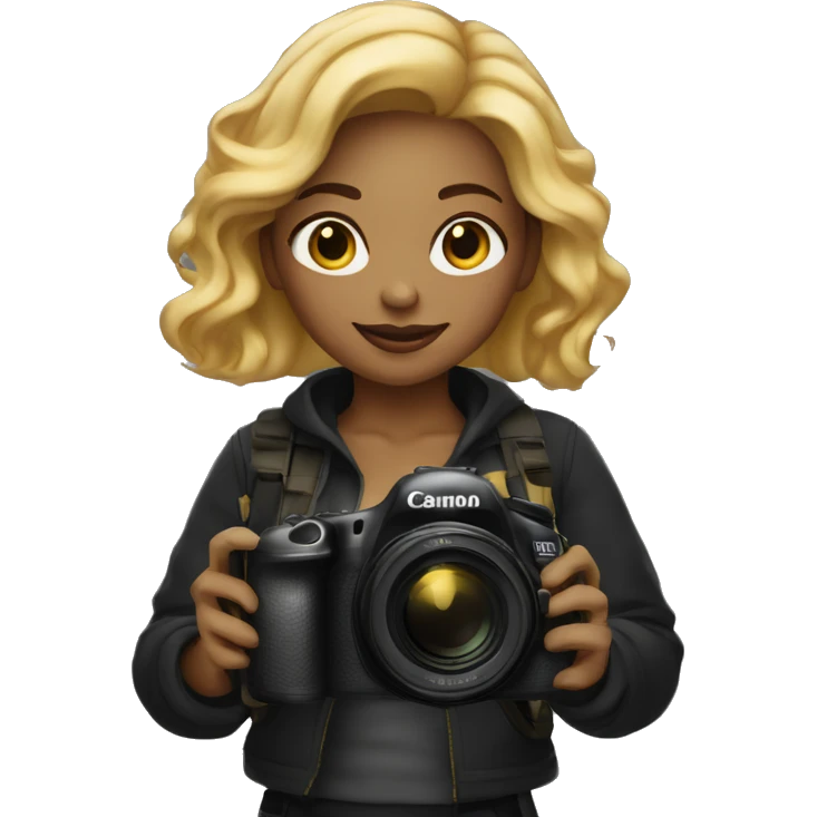 women photographer wearing black light skin with honey colored blonde hair holding a camera canon emoji