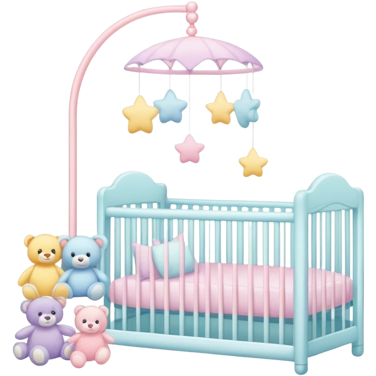pastel baby nursery items including crib, mobile, and plush toys emoji