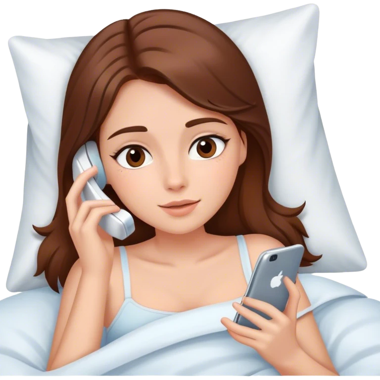 Girl with Brown hair having skincare on, laying In bed using phone  emoji