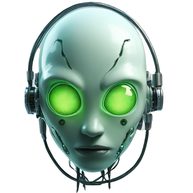 Round Alien cyborg head with glowing wires and green eyes  emoji
