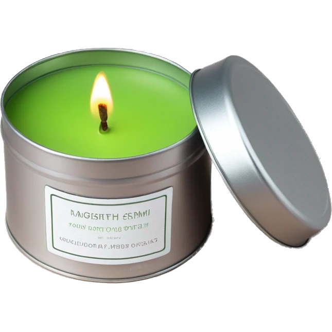matcha scented candle in a silver tin with a small white label realistic emoji