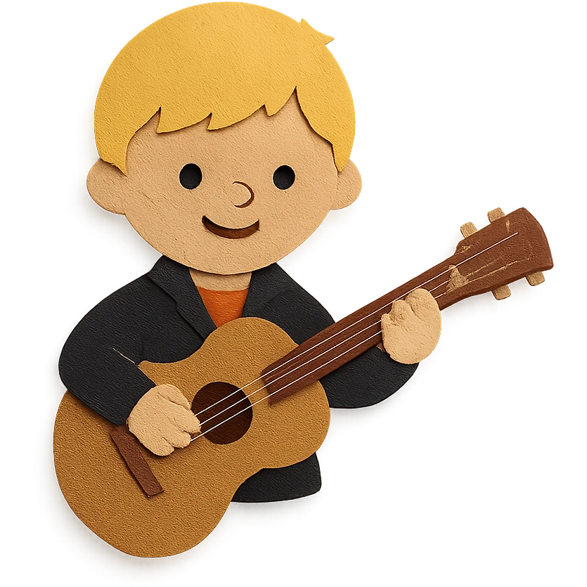 young blonde boy in a black jacket playing a guitar in paper craft style emoji