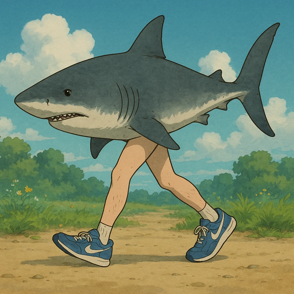 realistic shark with human legs wearing blue Nike sneakers, ghibli style emoji