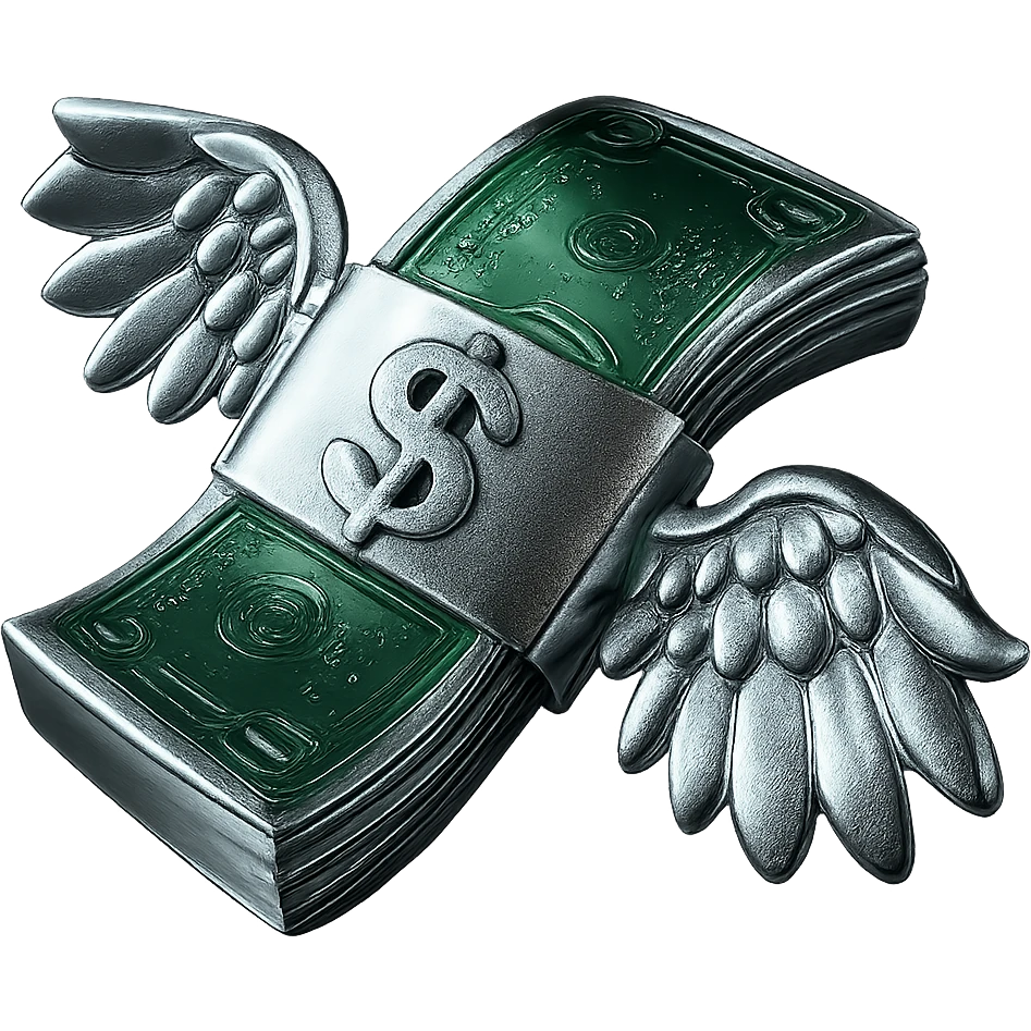 Make the money green and shiny, keep the wings and all other areas chrome and metallic, no background. emoji