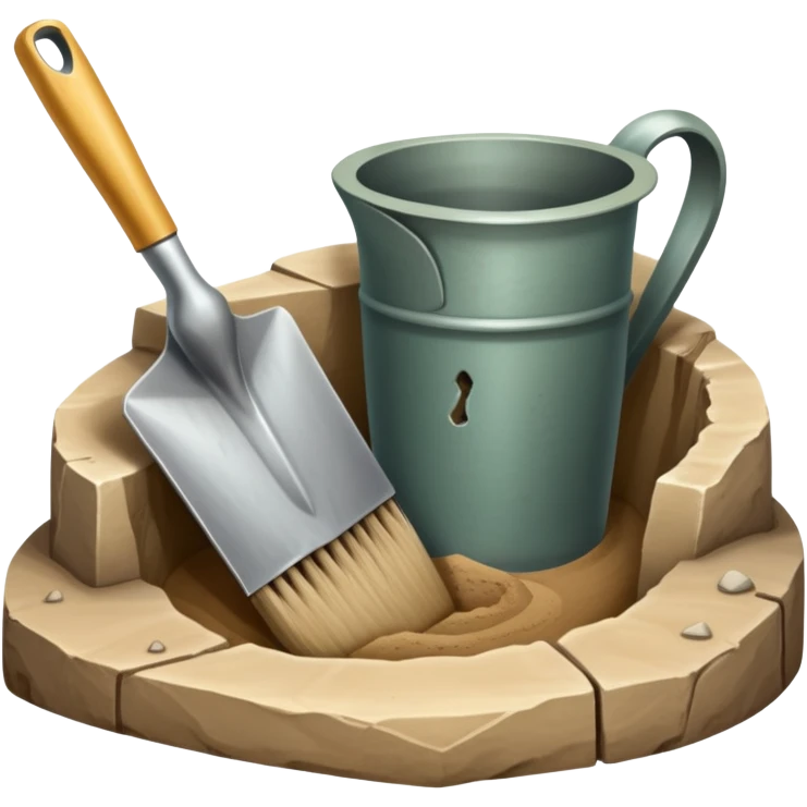 An icon showing an archaeologist’s tools: a trowel, brush, and a partially uncovered ancient artifact like a vase or tablet. The design includes a sandy excavation site with ruins in the background, symbolizing the discovery of past civilizations. Transparent background  emoji