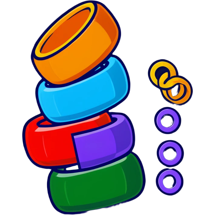 Children's stacking rings toy with red, orange, yellow, green, light blue, dark blue, and purple rings on a post in rainbow order emoji
