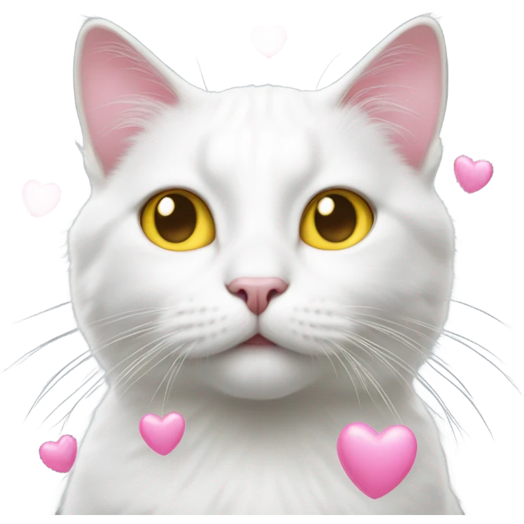 Realistic White cat with yellow eyes, pink hearts over head  emoji